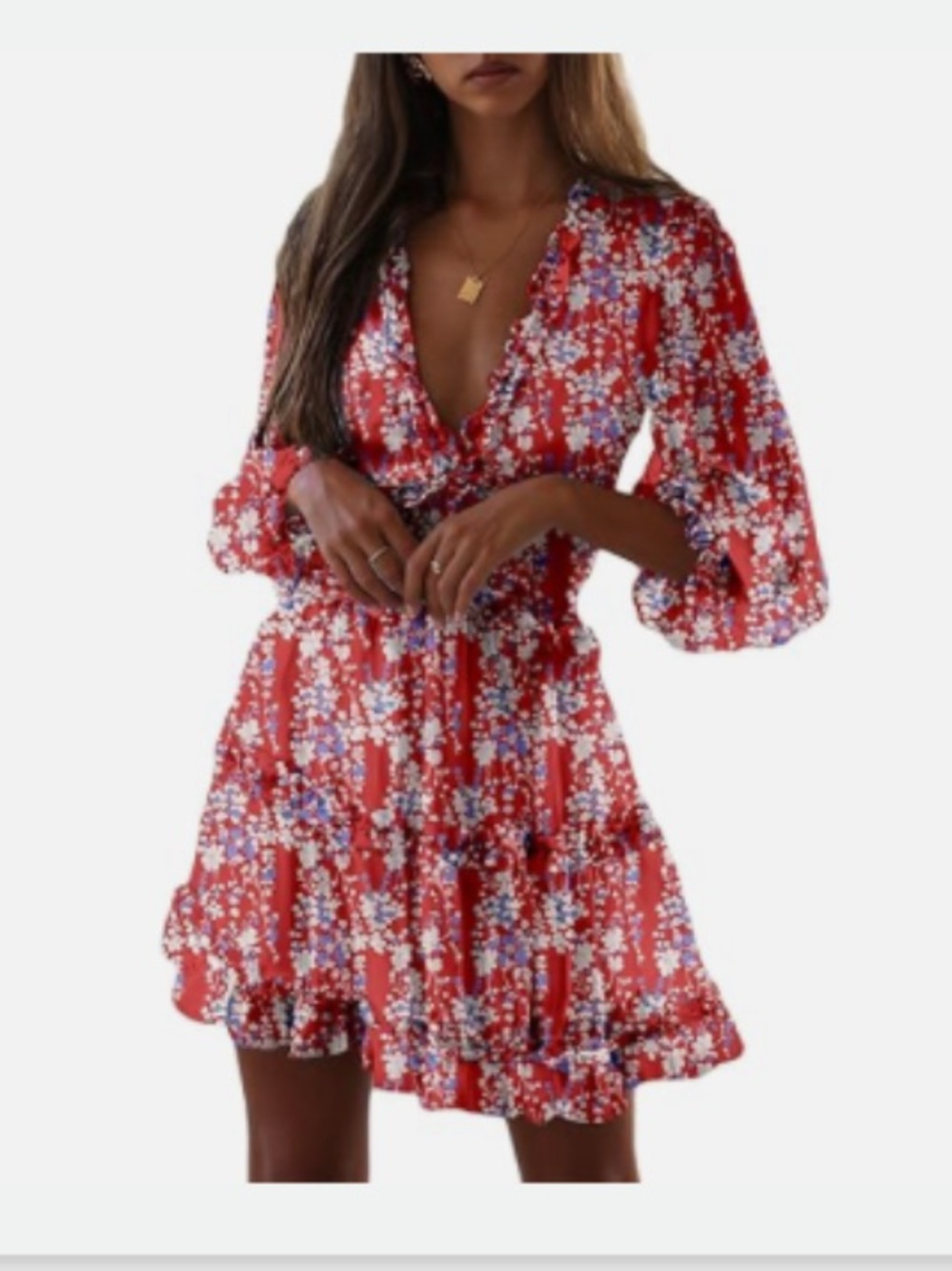 Women’s Deep V-Neck Ruffle Open-Back Flowy Mini Dress *red floral pattern*